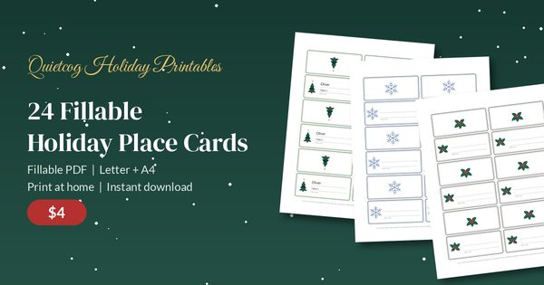 Holiday Place Cards: 24 fold-over place cards in four winter designs shown as printed sheets, $4