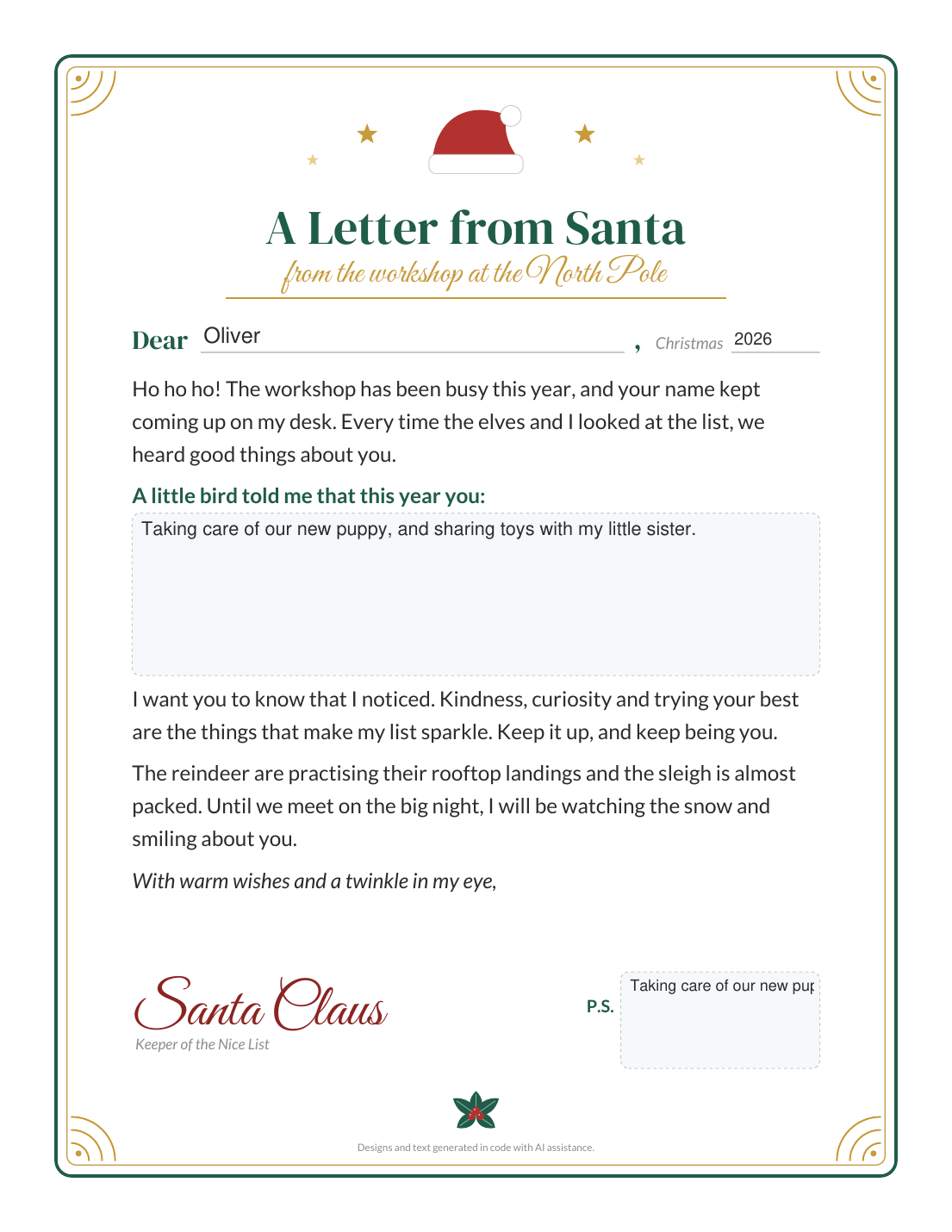 A page from the Santa Letter & Nice List Certificate Set.