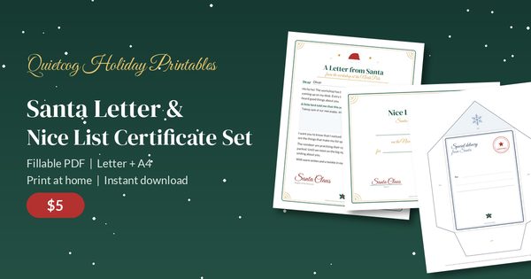 Santa Letter and Nice List Certificate Set: a letter from Santa, a Nice List certificate and a fold-up envelope shown as printed pages, $5
