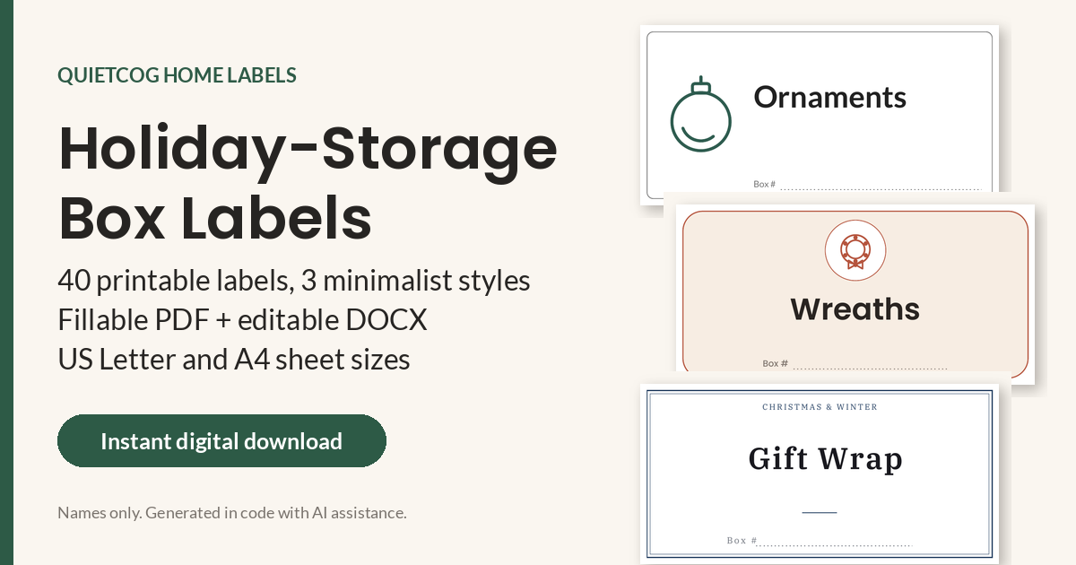 The Holiday-Storage Box Labels set shown in three styles.