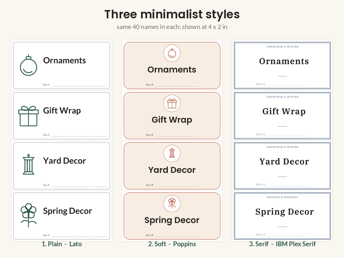 Three minimalist label styles: Plain, Soft and Serif.