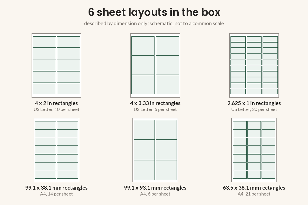 The six US Letter and A4 sheet layouts in the download, by dimension.