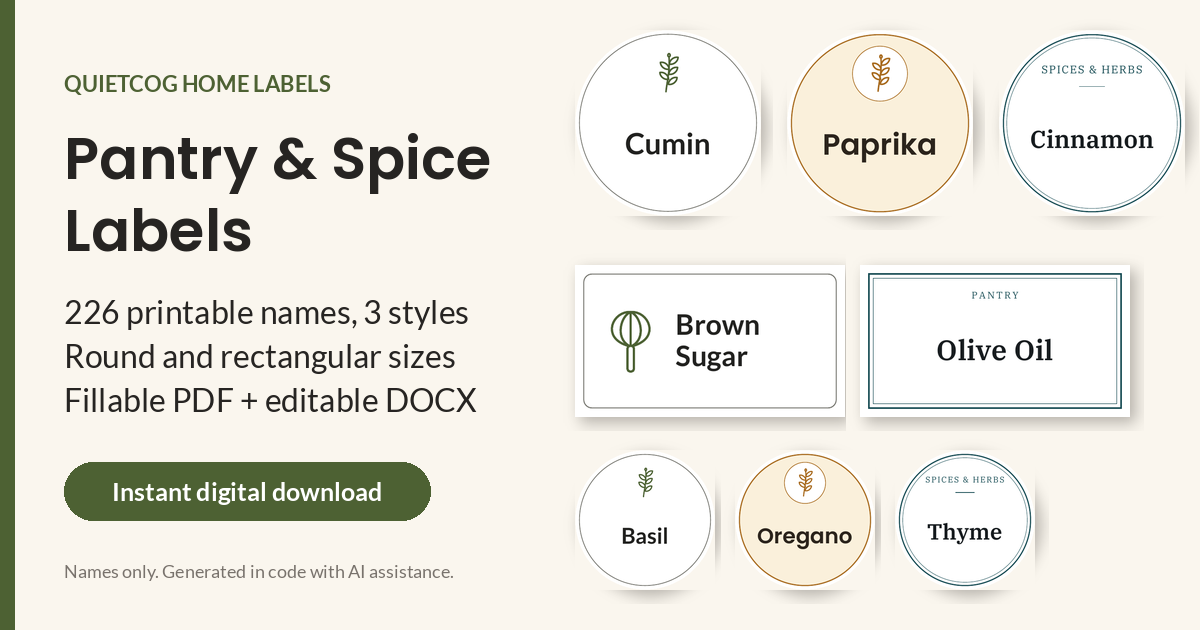 The Pantry & Spice Labels set shown in round and rectangular labels in three styles.