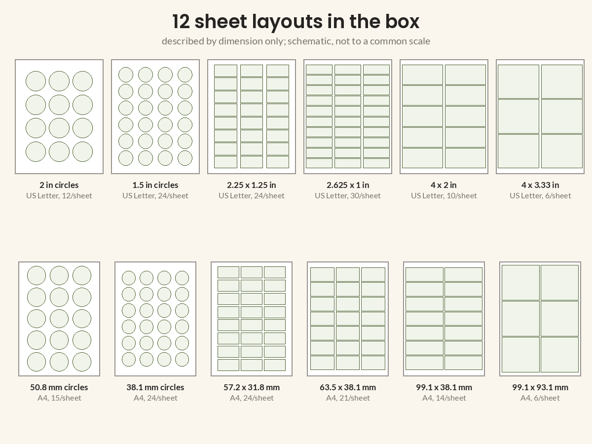 The twelve US Letter and A4 sheet layouts in the download, by dimension.