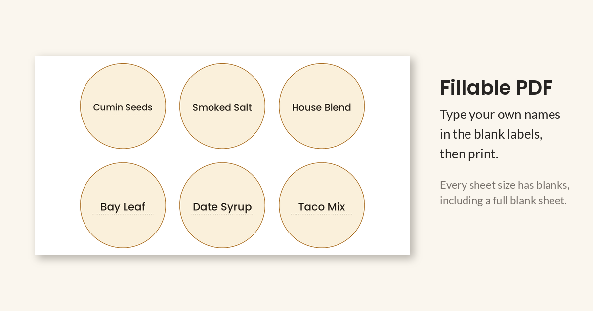 Blank round labels filled in with typed text in the fillable PDF.