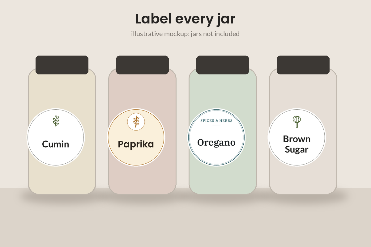 Illustrative mockup of round labels on jars (jars not included).