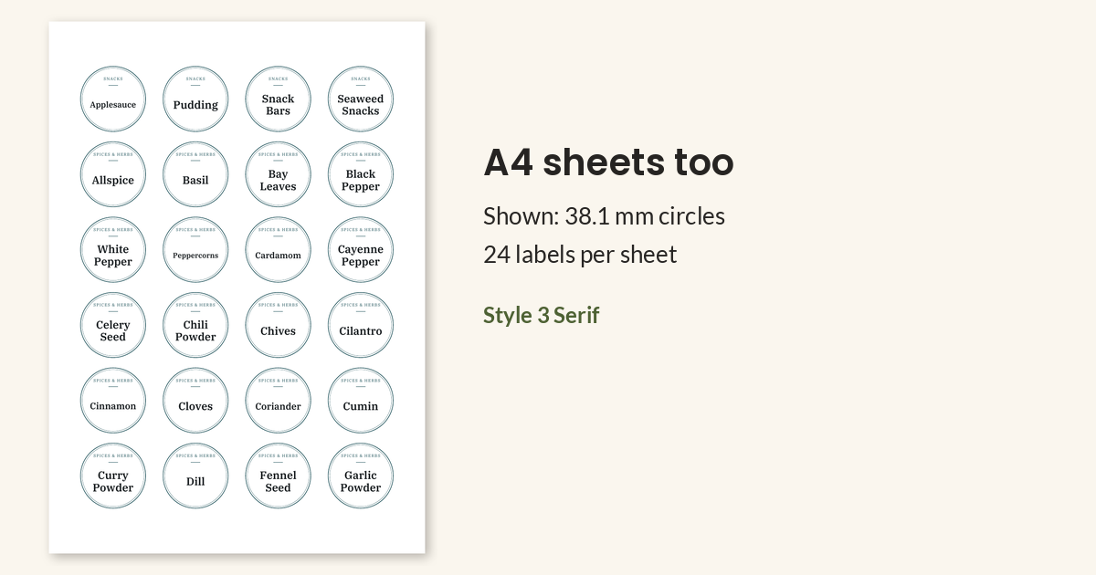An A4 sheet of 38.1 mm circle labels.