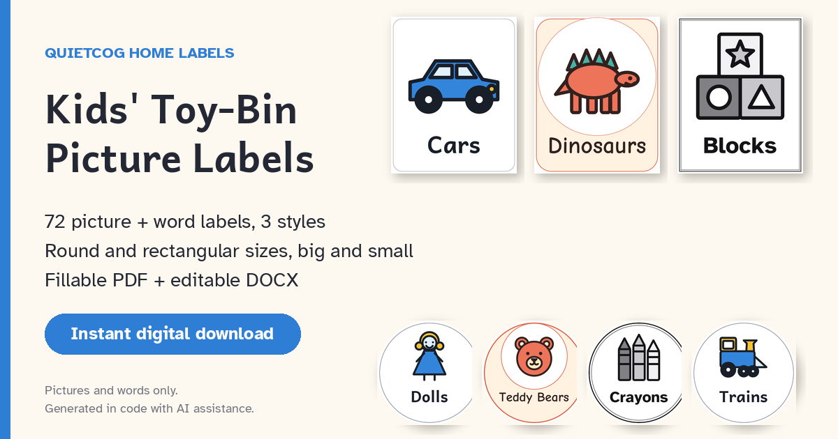 The Kids' Toy-Bin Picture Labels set shown in three styles.