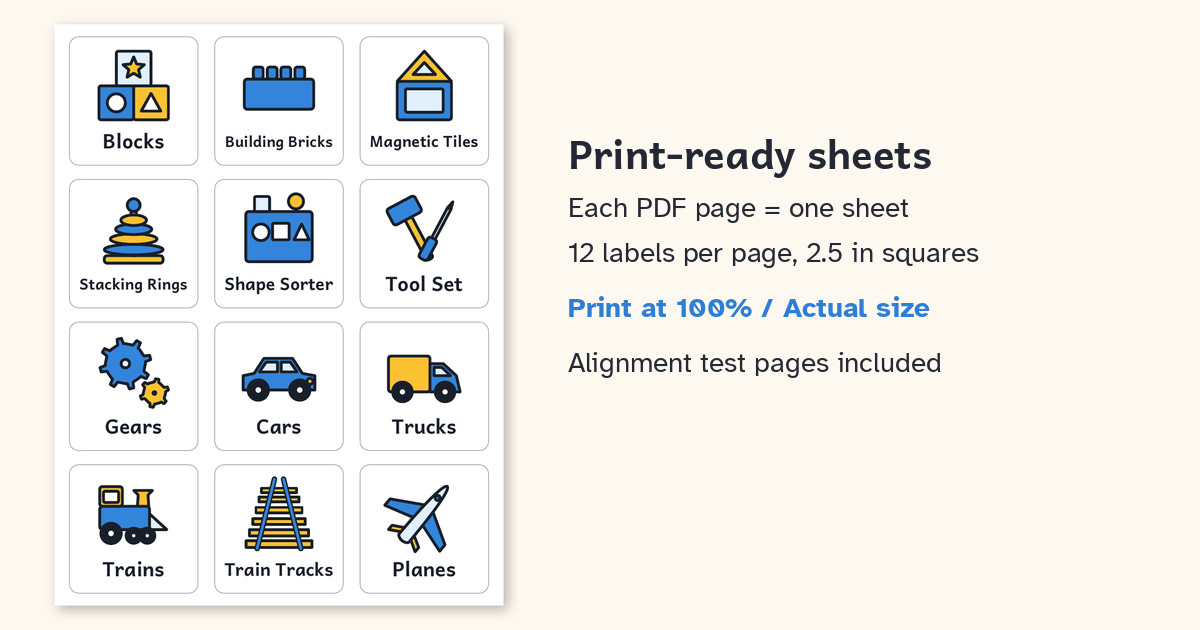 A printable sheet of 2.5 in square picture labels.