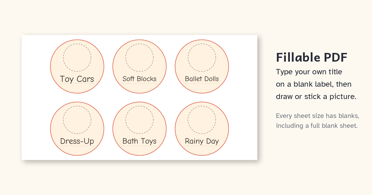 Blank round labels filled in with typed titles in the fillable PDF, with an empty picture area.