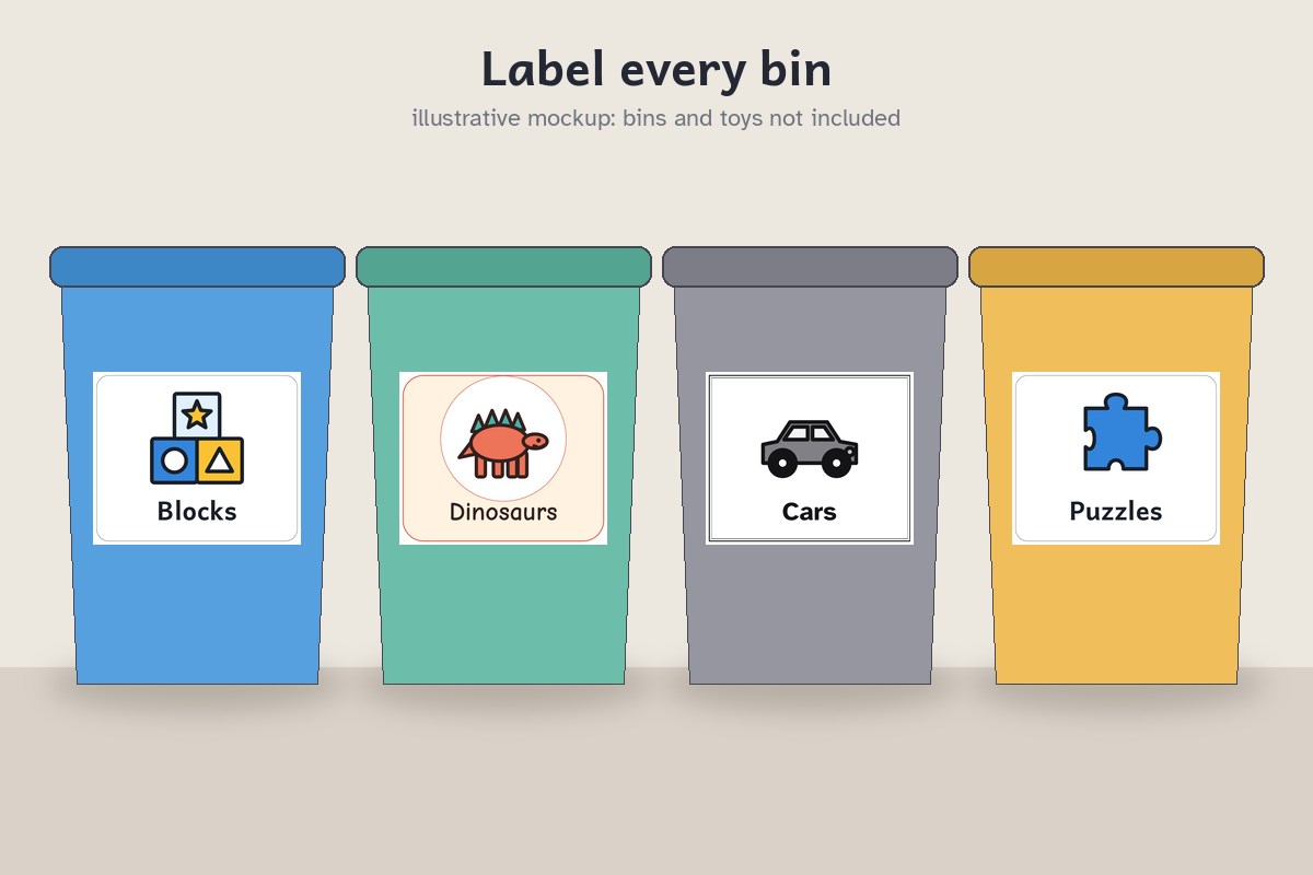 Illustrative mockup of labels on bins (bins and toys not included).