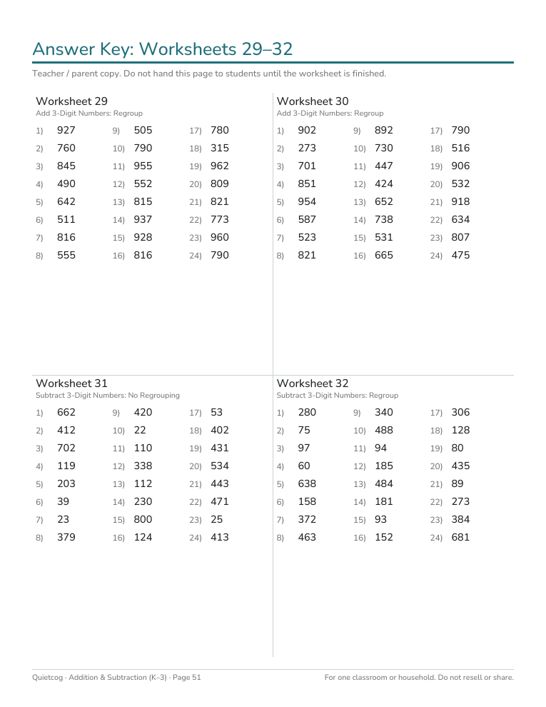 Sample answer key page