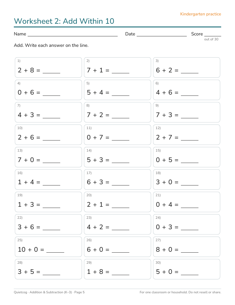 Sample addition worksheet
