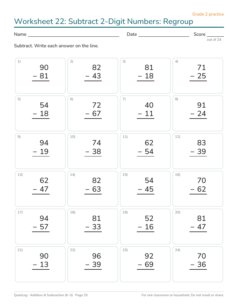Sample subtraction worksheet