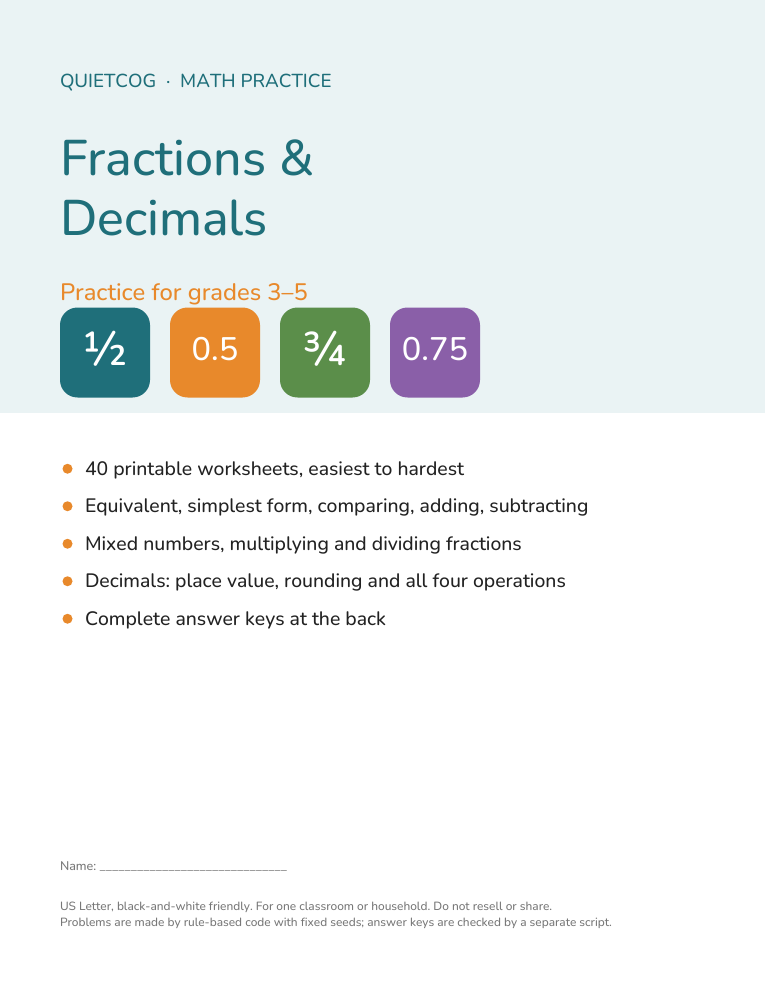 Cover of the Fractions and Decimals pack