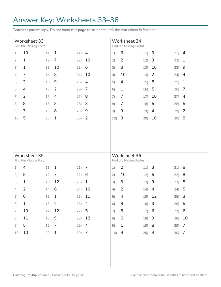 Sample answer key page