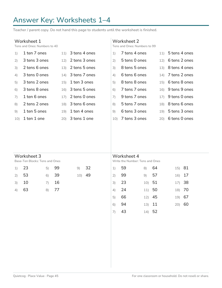 Sample answer key page
