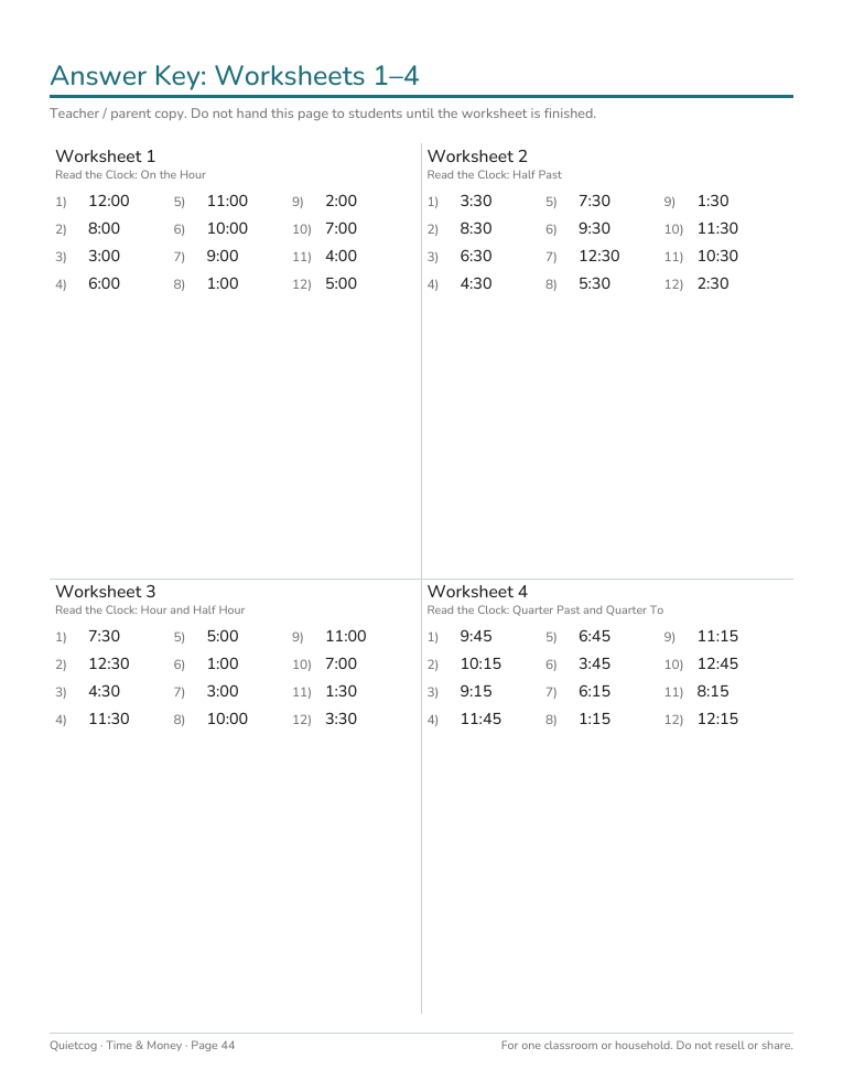Sample answer key page
