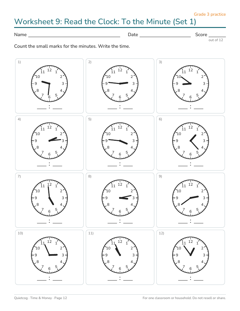 Sample worksheet with analog clocks