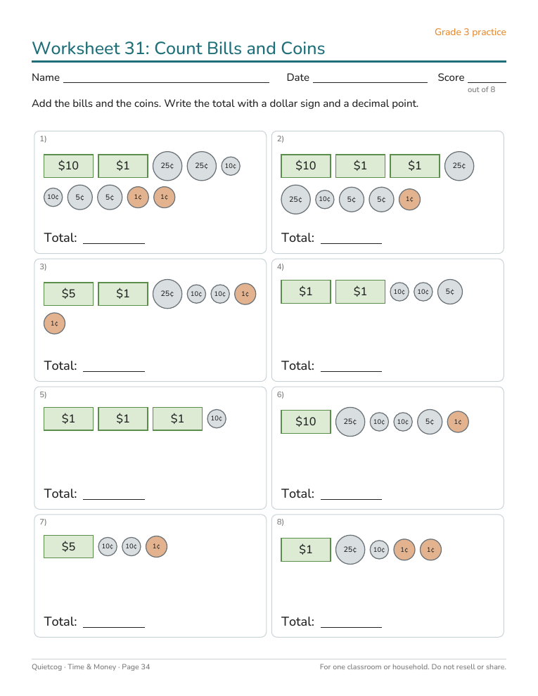 Sample worksheet with drawn bills and coins