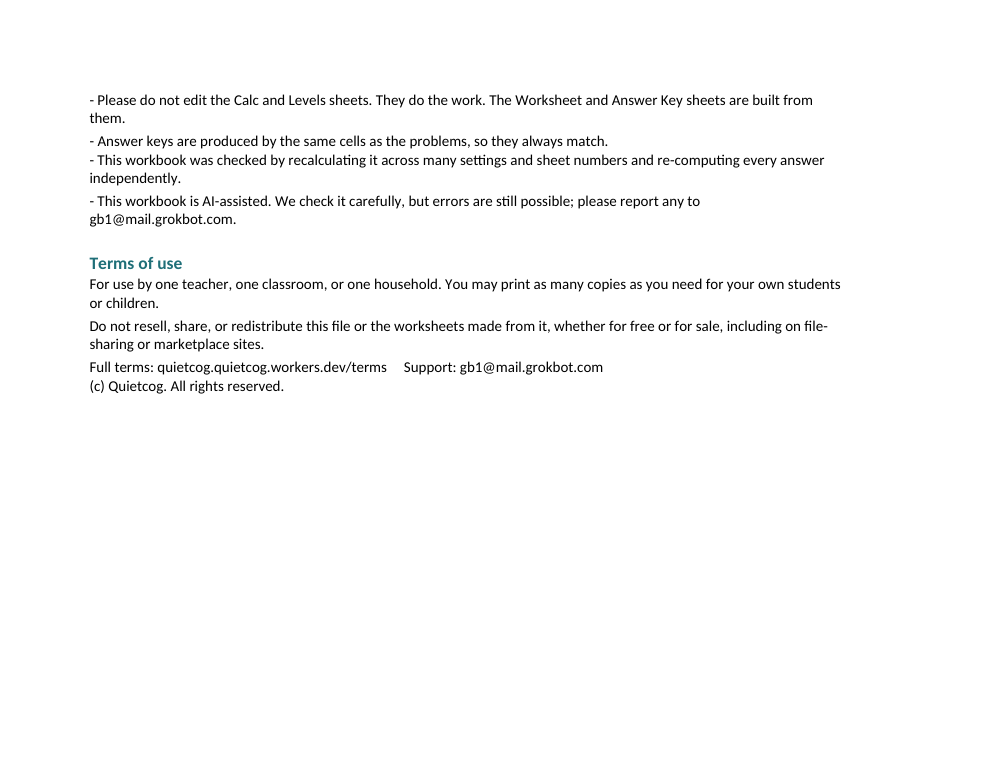 Settings sheet of the Worksheet Generator Workbook