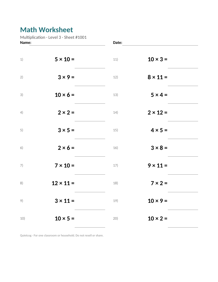 A generated worksheet