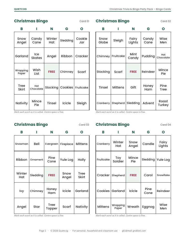 Sample bingo cards from the Christmas Trivia & Bingo Party Pack.
