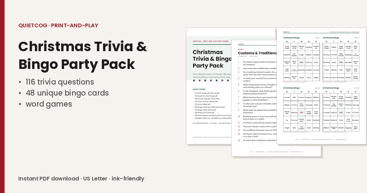 The Christmas Trivia & Bingo Party Pack: overview.