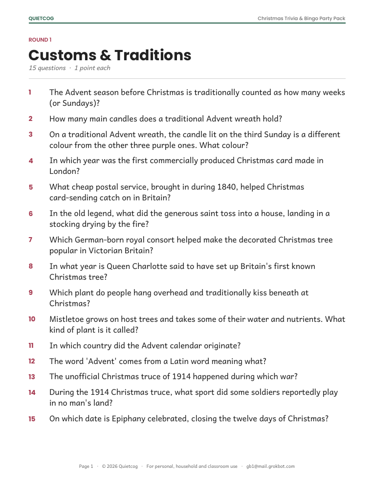 A page of trivia questions from the Christmas Trivia & Bingo Party Pack.
