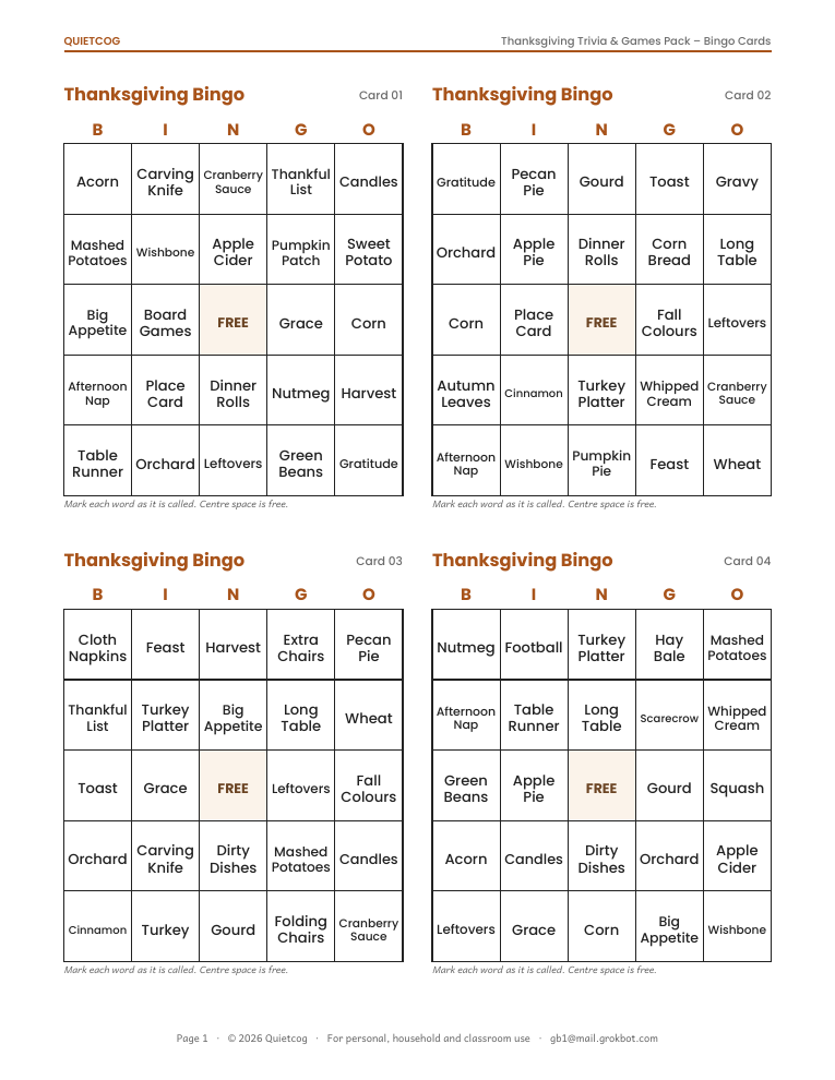 Sample bingo cards from the Thanksgiving Trivia & Games Pack.