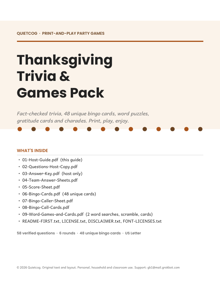 Cover of the Thanksgiving Trivia & Games Pack.