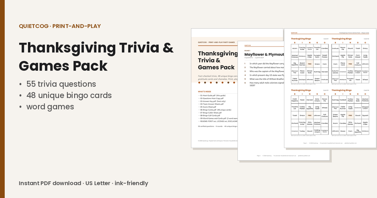The Thanksgiving Trivia & Games Pack: overview.