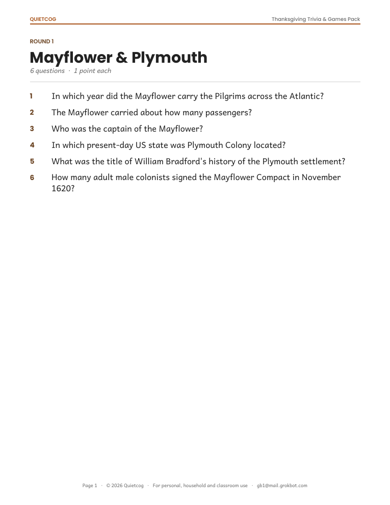 A page of trivia questions from the Thanksgiving Trivia & Games Pack.