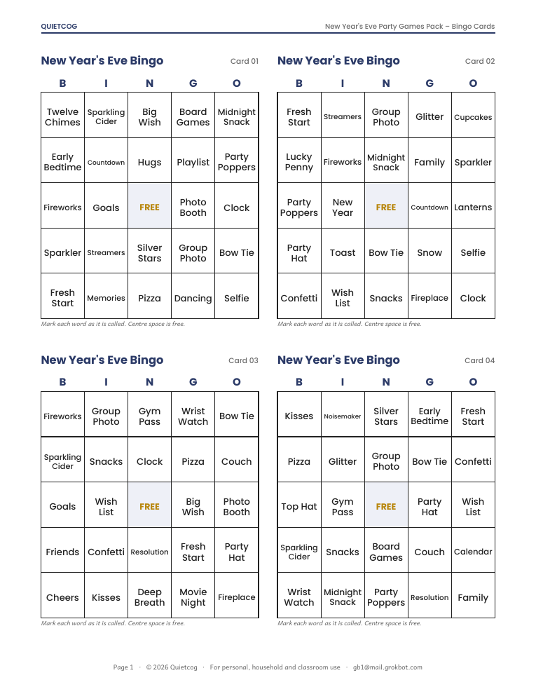 Sample bingo cards from the New Year's Eve Party Games Pack.