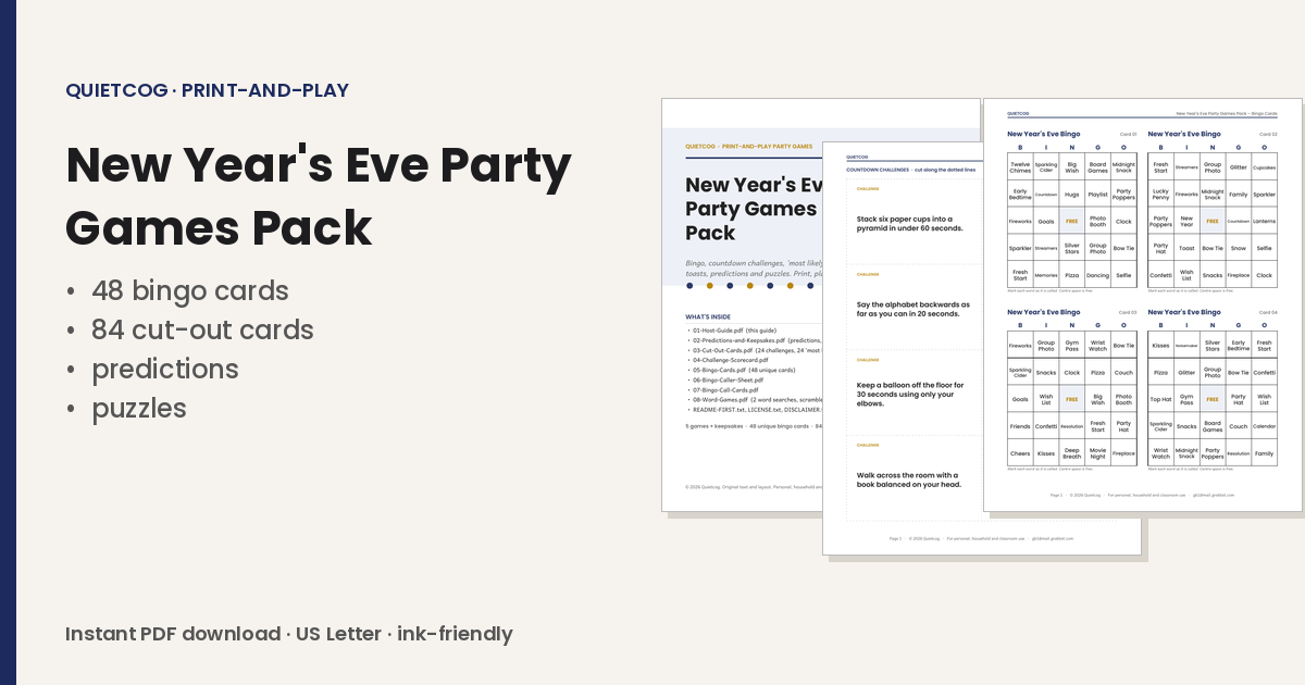 The New Year's Eve Party Games Pack: overview.