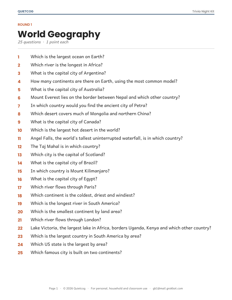 A page of trivia questions from the Trivia Night Kit.