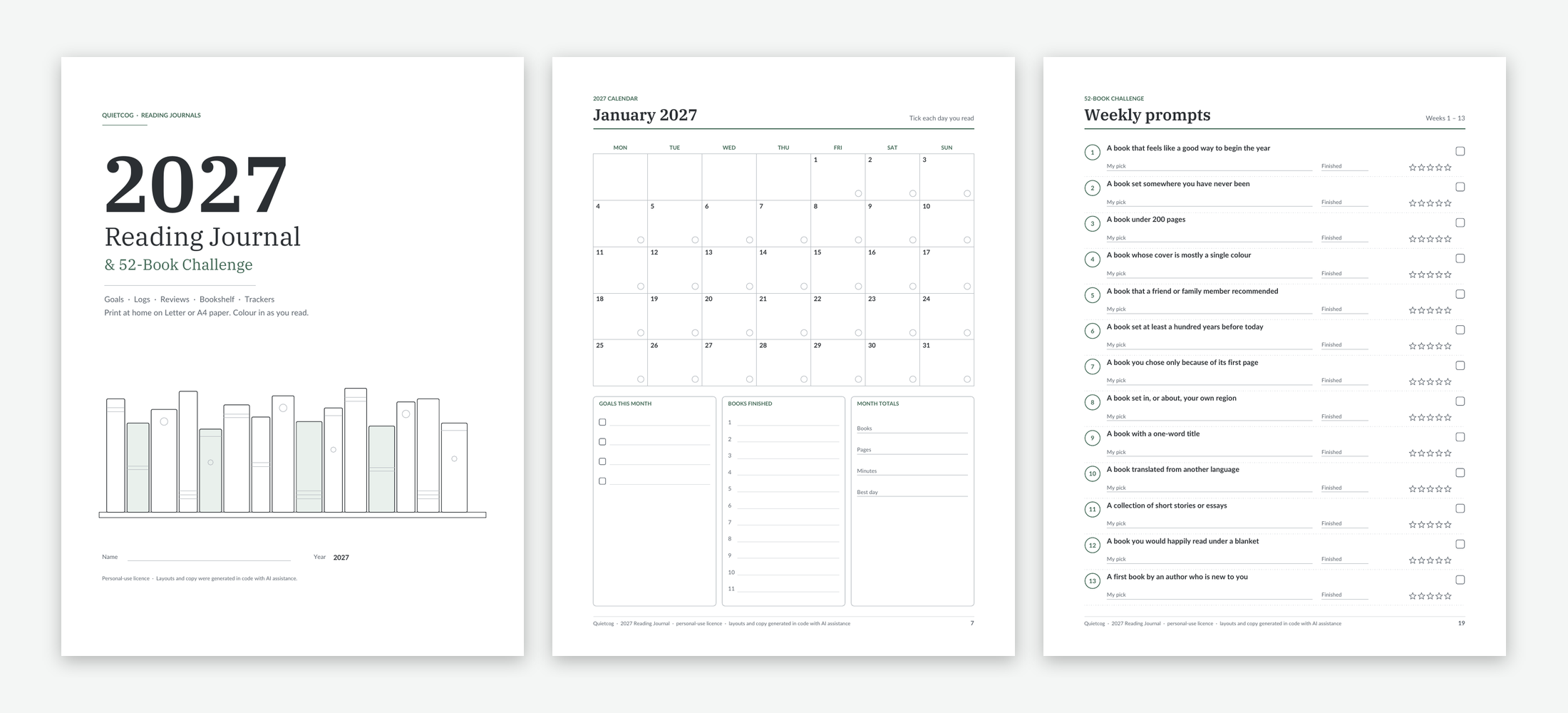 Cover, January 2027 calendar and weekly prompts from the 2027 Reading Journal.