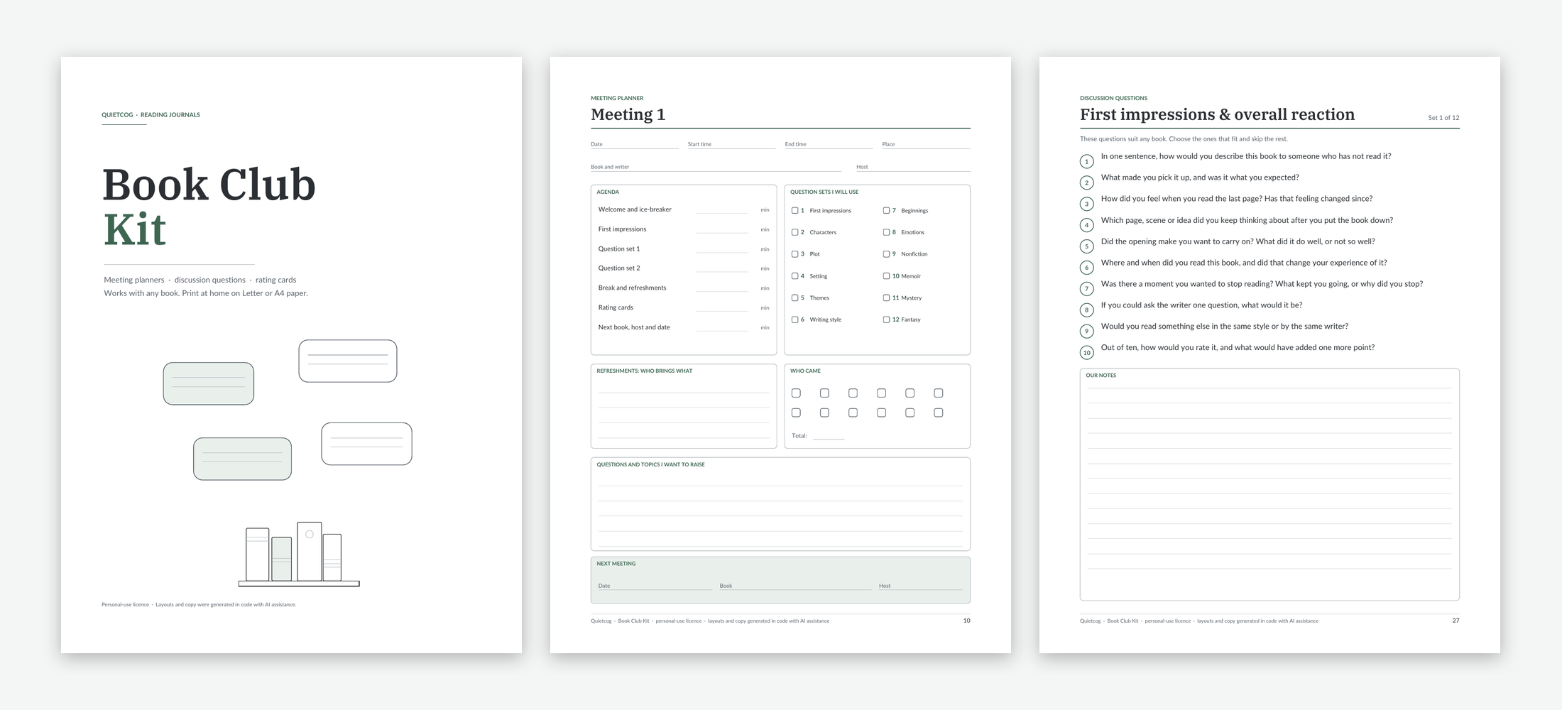 Cover, a meeting planner and a discussion question set from the Book Club Kit.