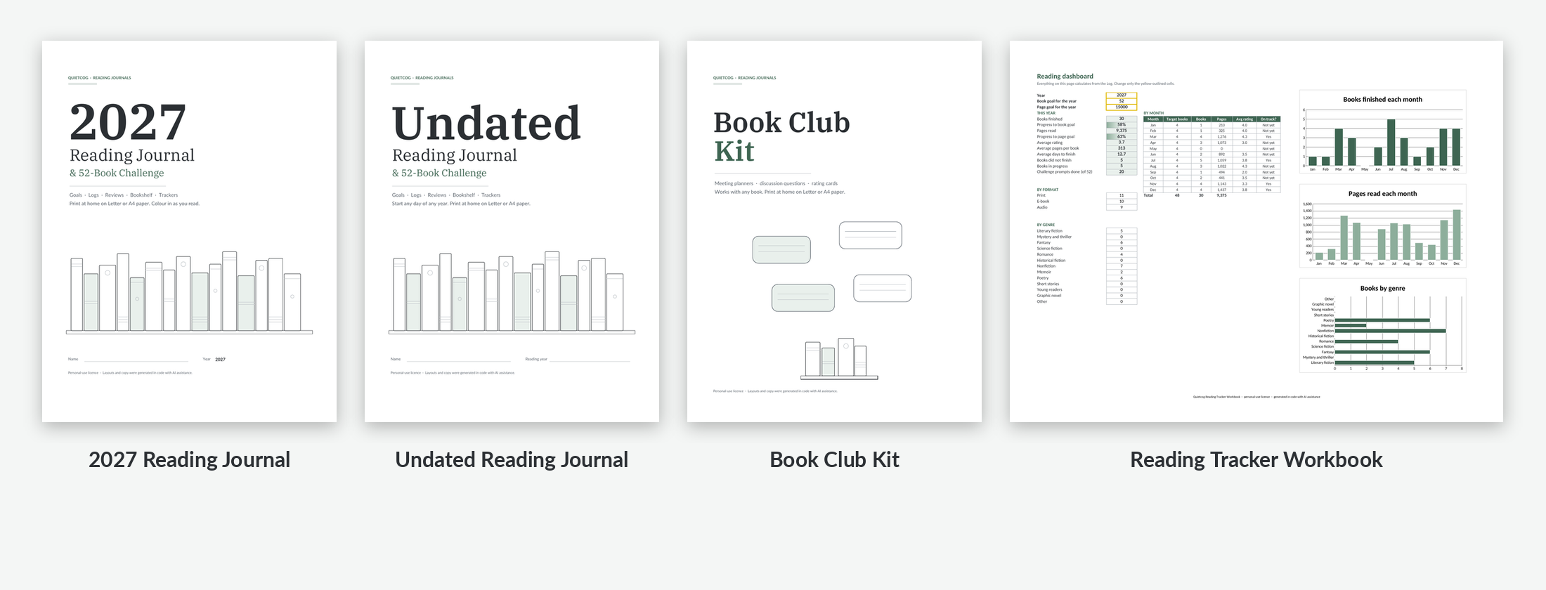 The four products in the Reader's Bundle: 2027 Reading Journal, Undated Reading Journal, Book Club Kit and Reading Tracker Workbook.