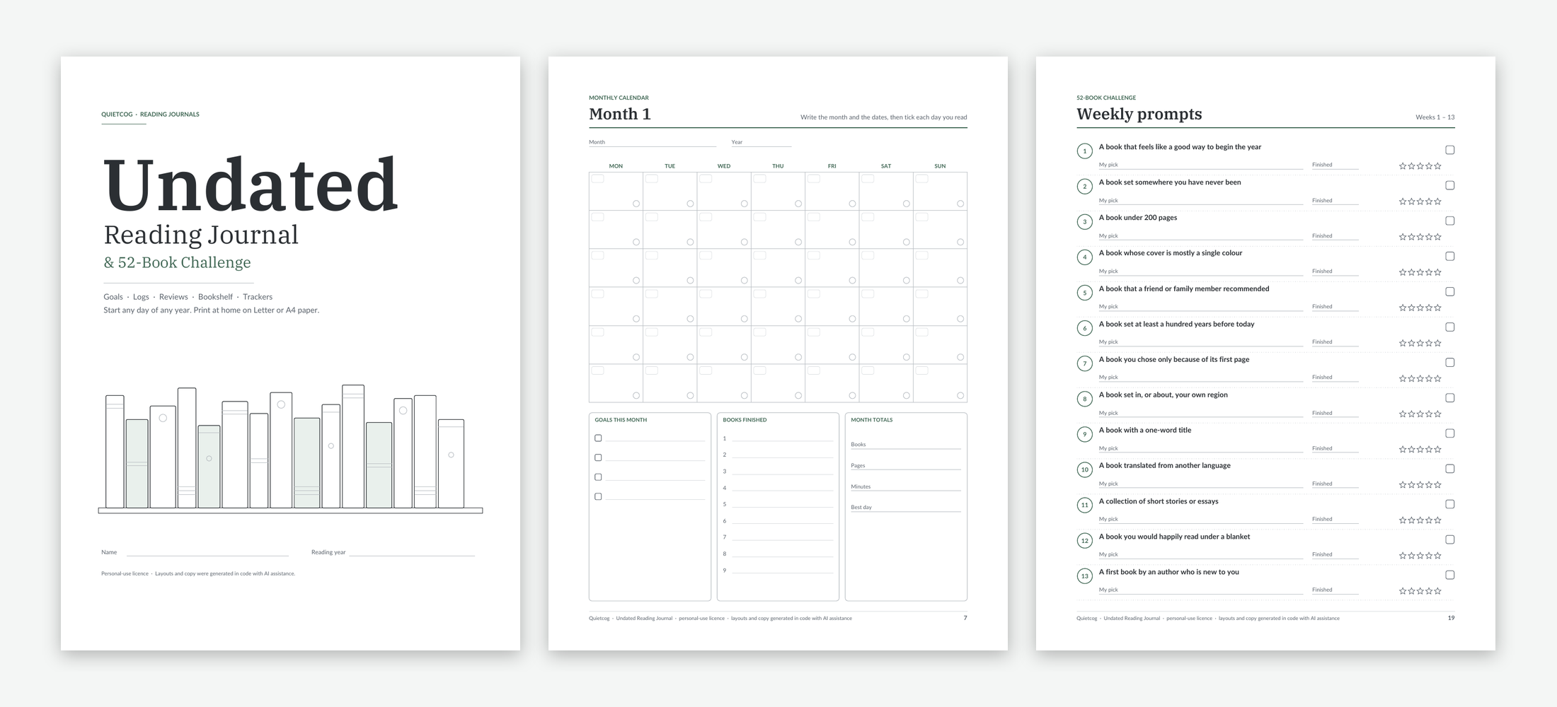 Cover, a blank-date monthly calendar and weekly prompts from the Undated Reading Journal.