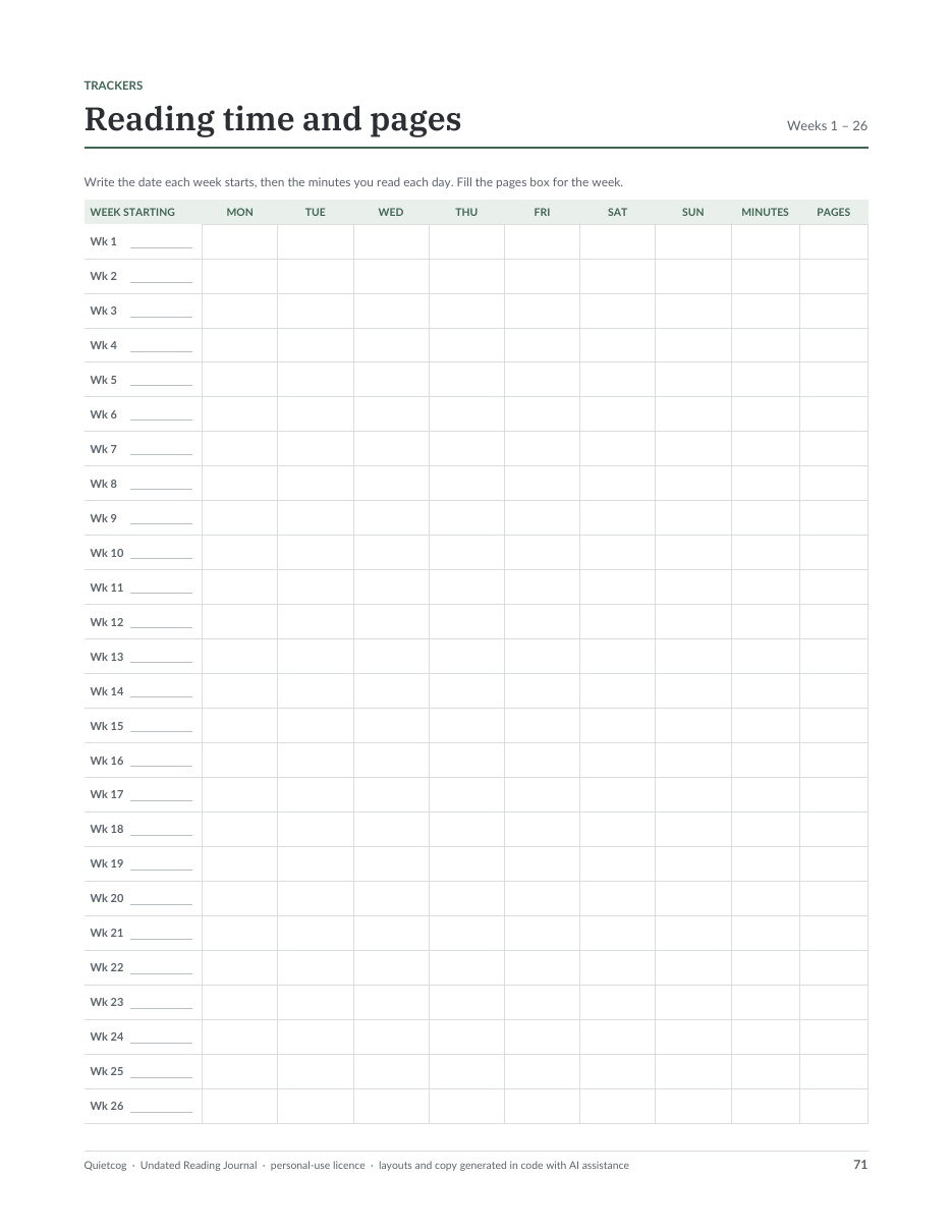 A weekly reading time page with a blank date for each week.