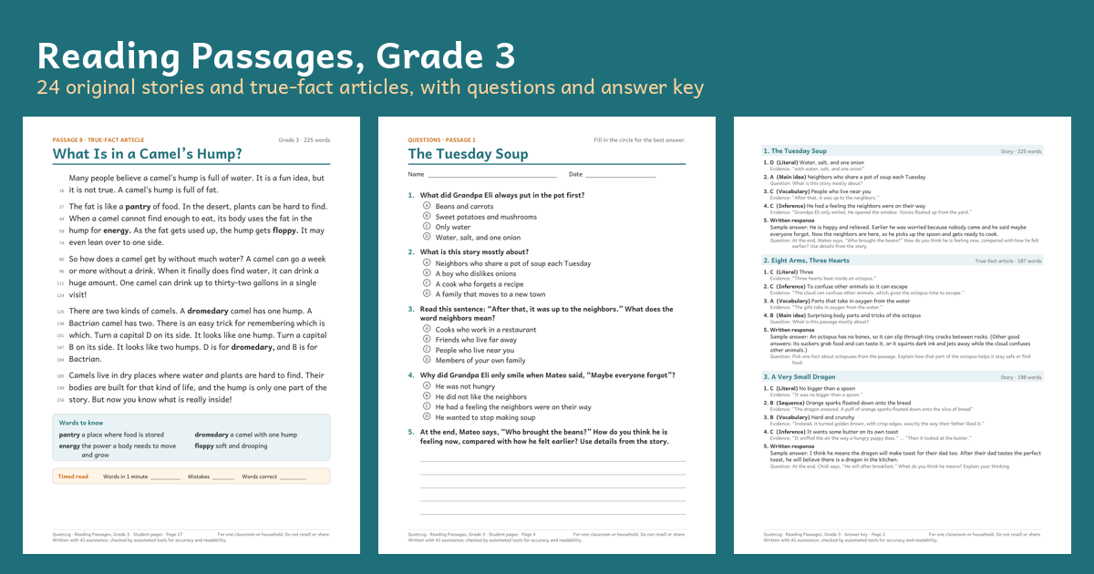 Collage of pages from Reading Passages, Grade 3: a story, a true-fact article, questions and the answer key.