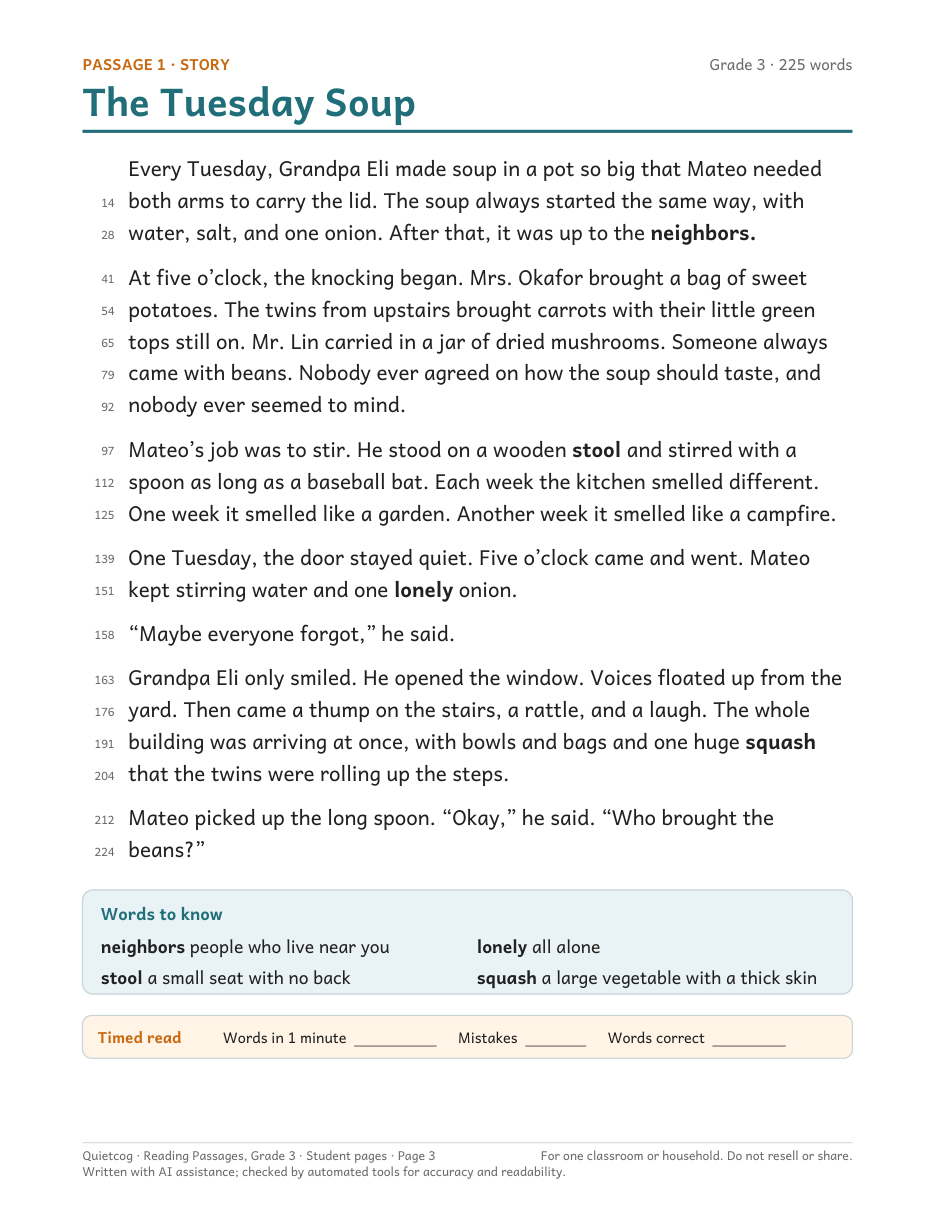 A story passage page with a Words to know box and running word counts in the margin.