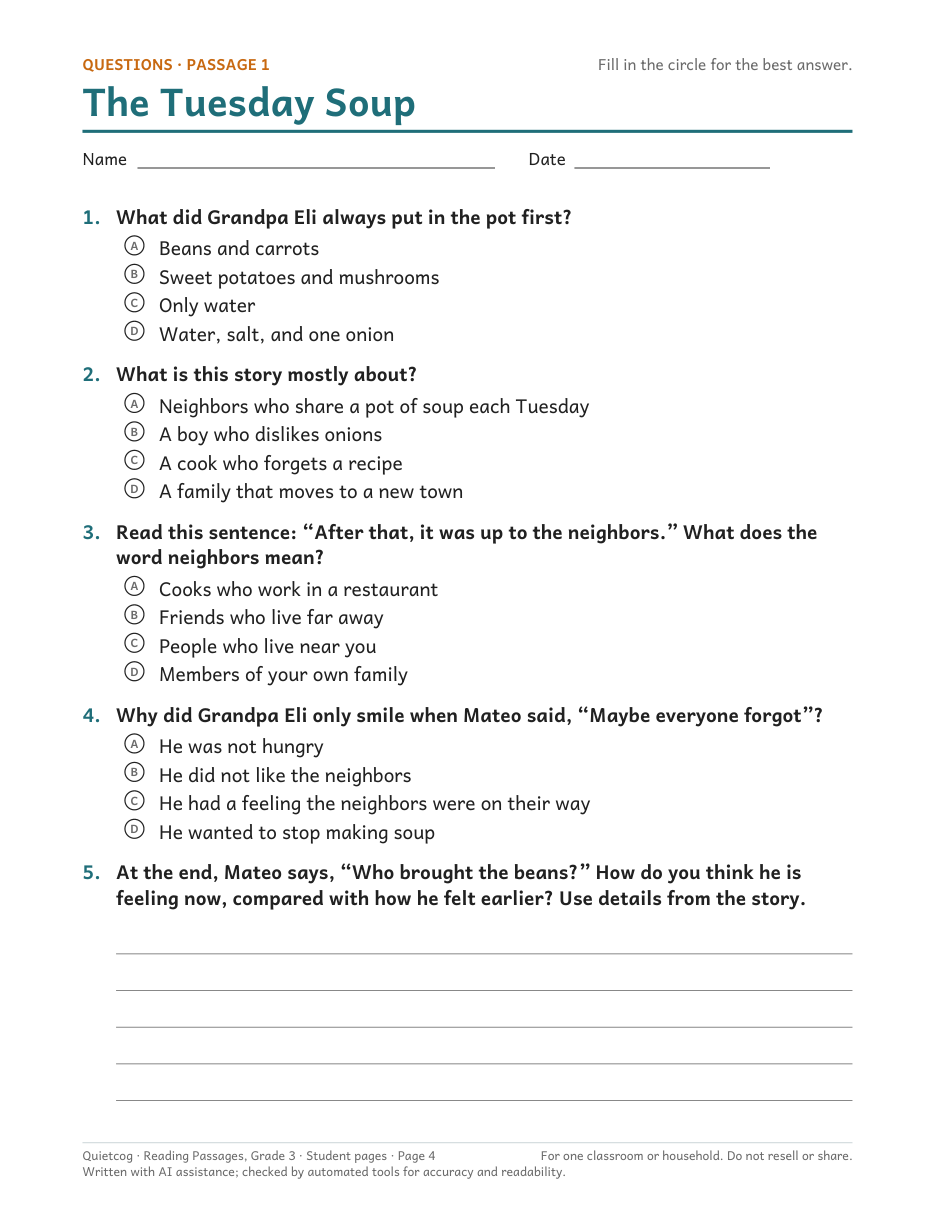 The question page for a story: four multiple-choice questions and a written response.