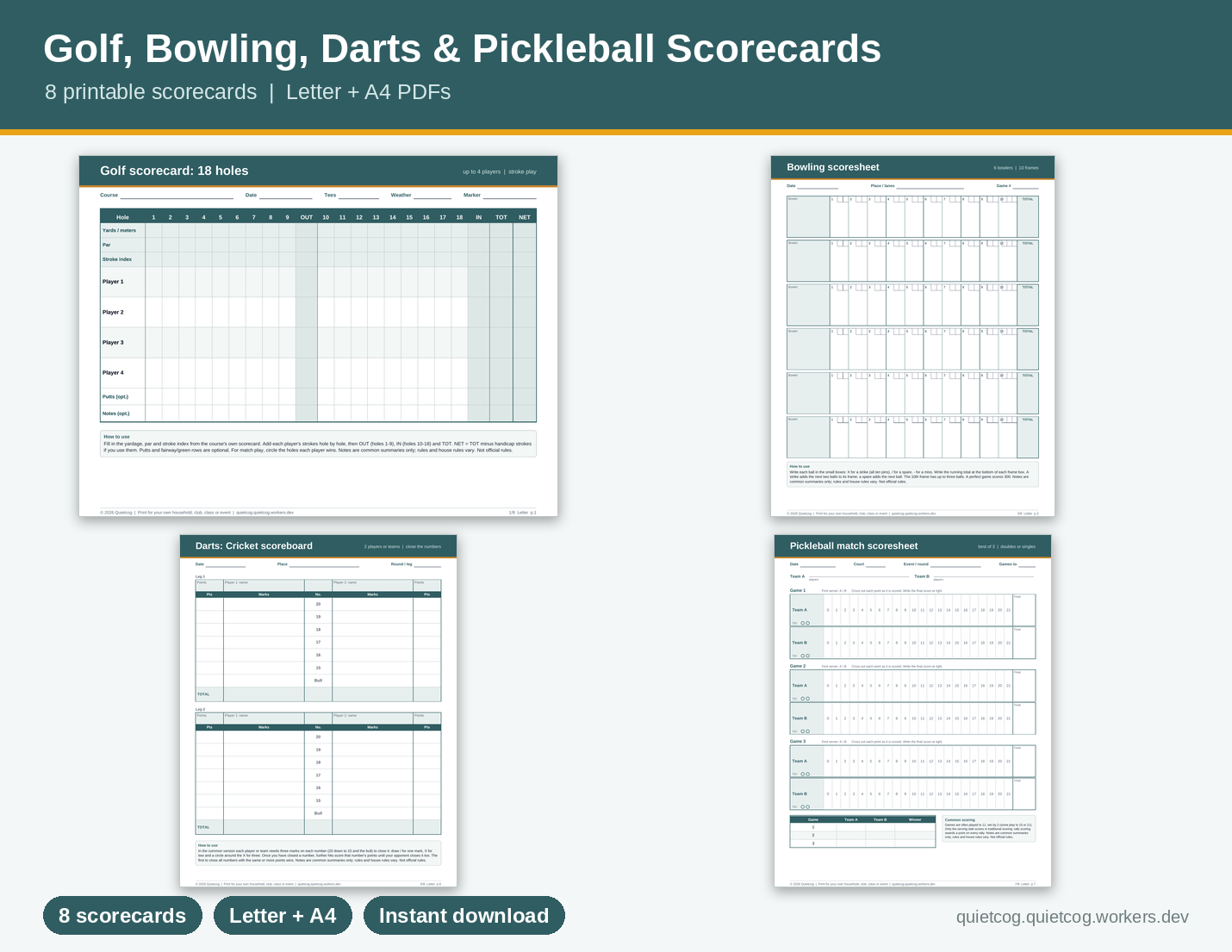 Preview of Golf, Bowling, Darts & Pickleball Scorecards